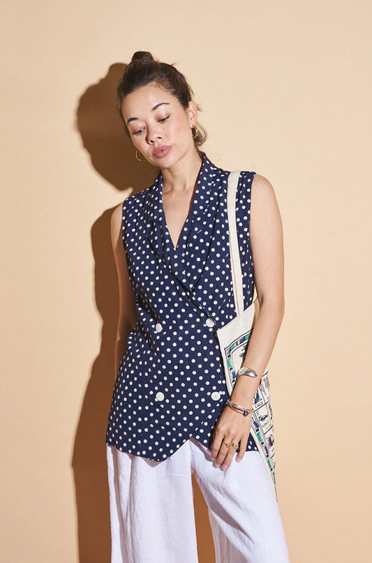 80's Navy Polka Dot Vest, Sz Medium