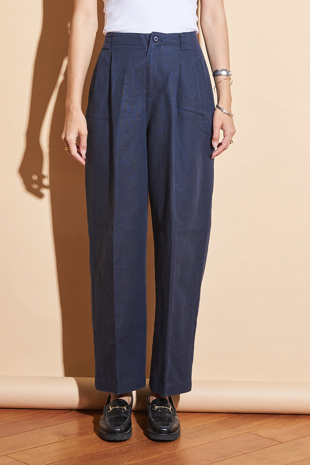 Vintage Navy Linen Blend Trousers, Sz 27/28"
