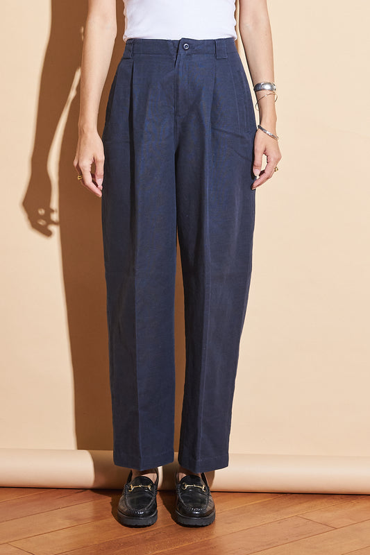 Vintage Navy Linen Blend Trousers, Sz 27/28"