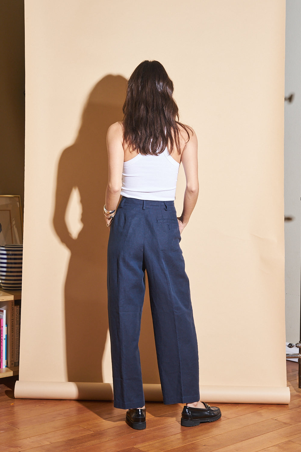 Vintage Navy Linen Blend Trousers, Sz 27/28"