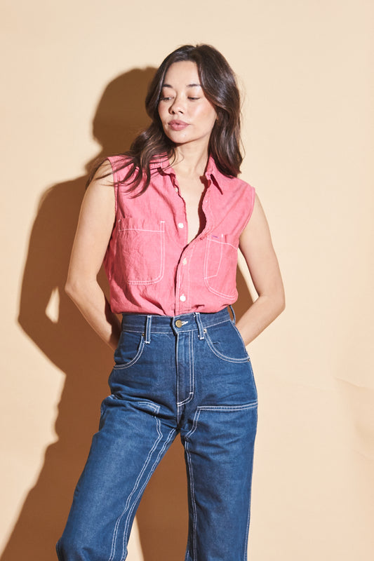 Red Chambray Sleeveless Top, Sz Small