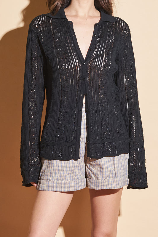 Black Silk Blend Crochet Cardigan, Sz Medium