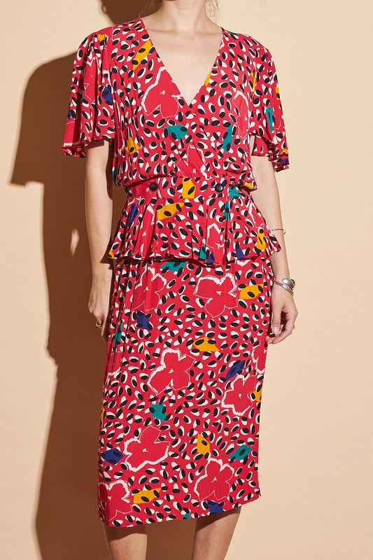 80's Red Floral Dot 2 Piece Set, Sz XS