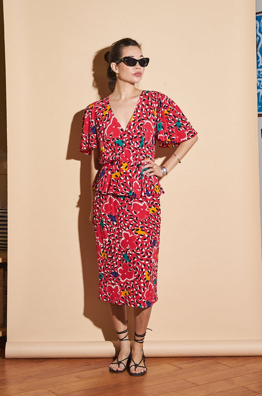 80's Red Floral Dot 2 Piece Set, Sz XS