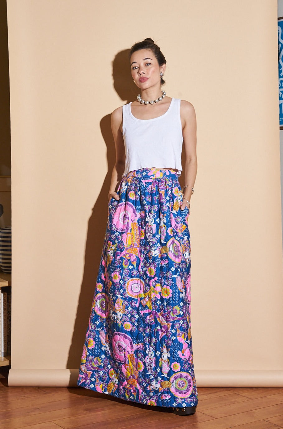 Vintage Handmade Quilted Maxi Skirt, Sz 24"