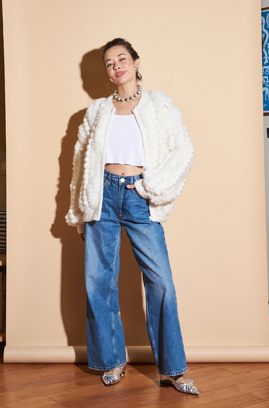 Vintage Pom Pom Bomber Cardigan, Sz Mediujm