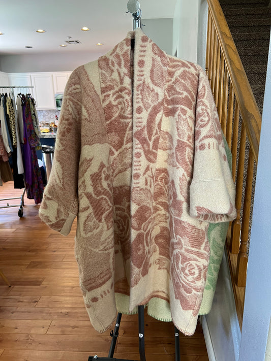 Repurposed Dusty Rose Floral Kimono Blanket Coat