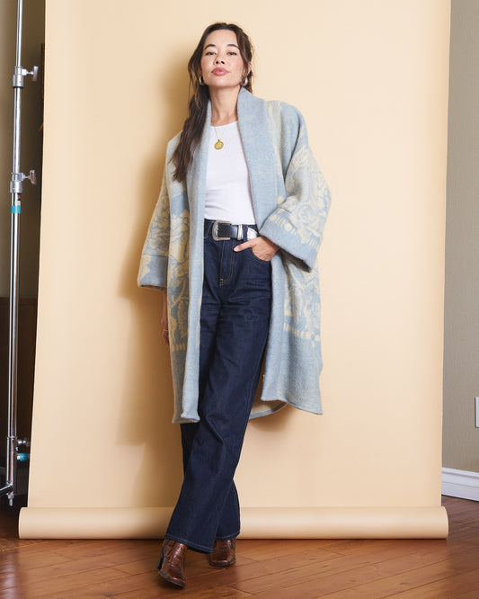 Moana Vintage Repurposed Pale Blue Floral Kimono Blanket Coat
