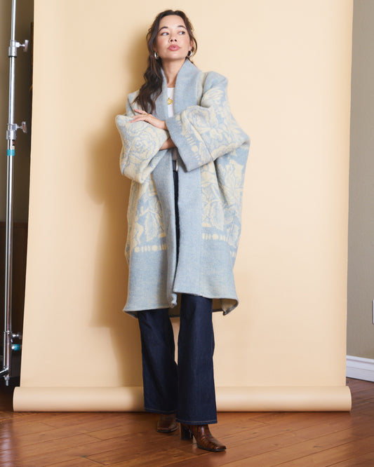 Moana Vintage Repurposed Pale Blue Floral Kimono Blanket Coat