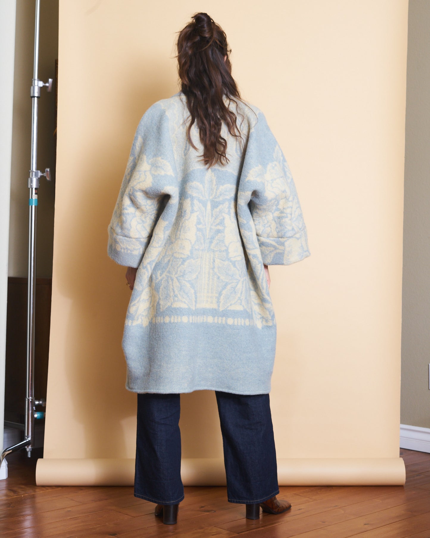 Moana Vintage Repurposed Pale Blue Floral Kimono Blanket Coat