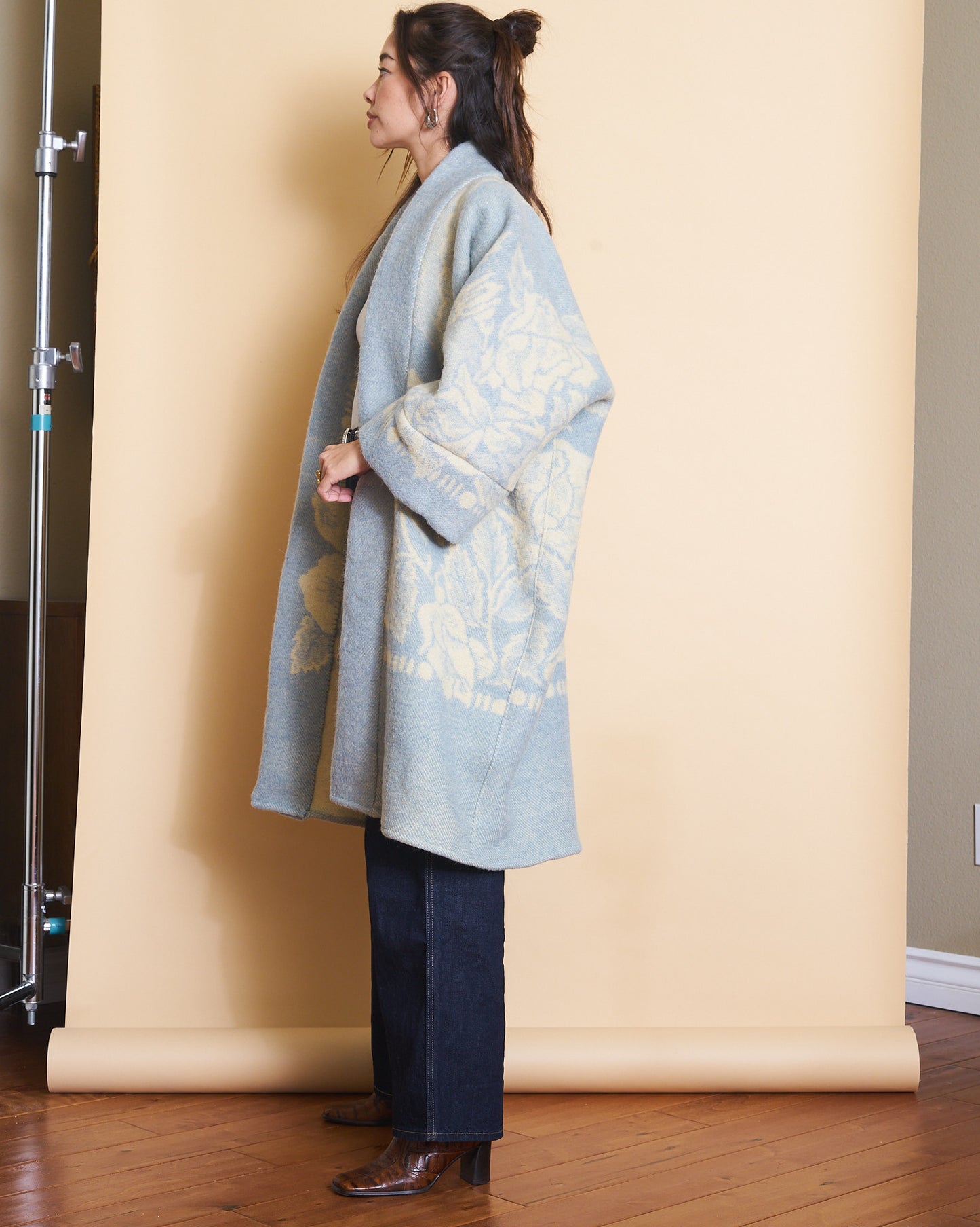 Moana Vintage Repurposed Pale Blue Floral Kimono Blanket Coat