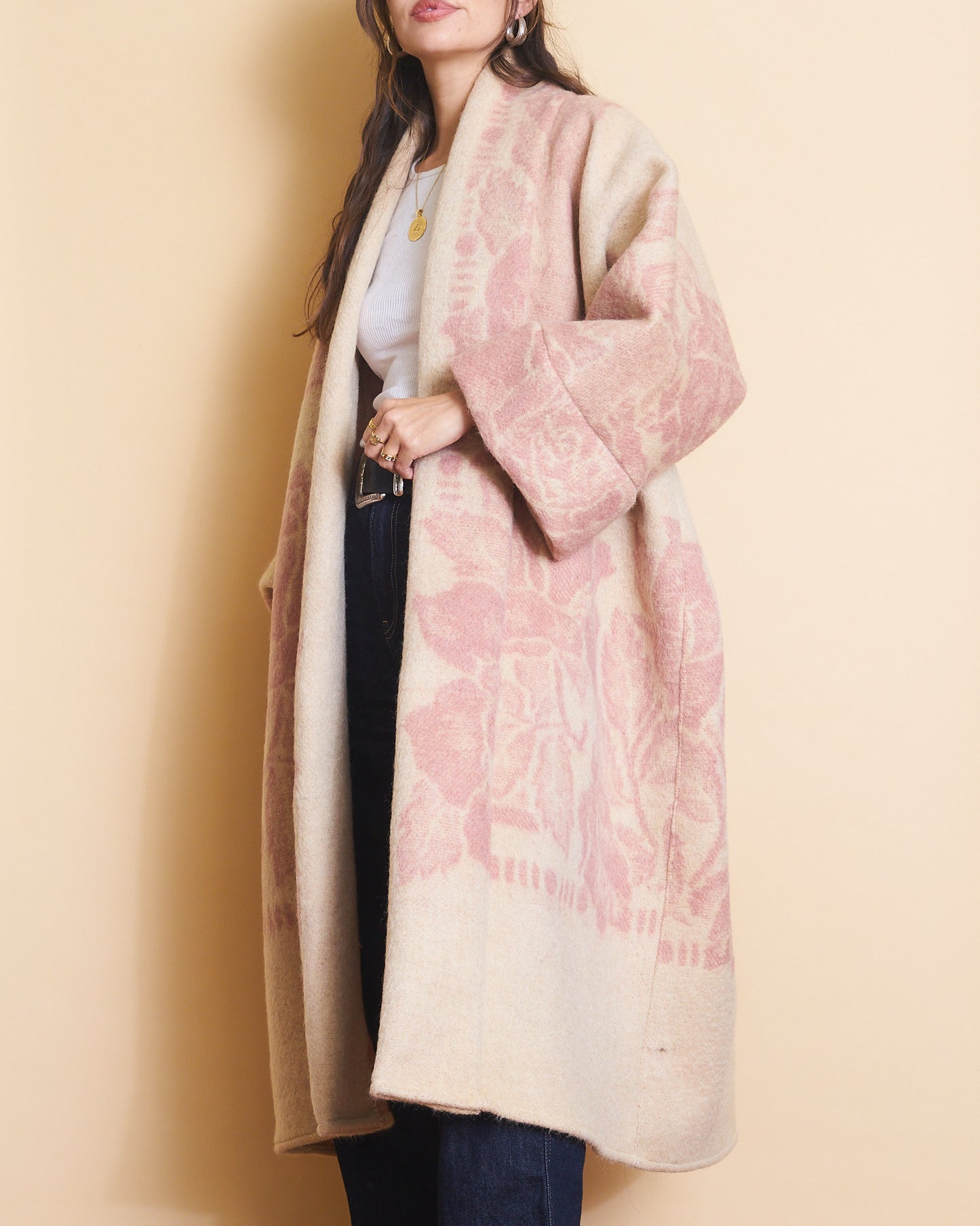 Moana Vintage Repurposed Mauve Floral Kimono Blanket Coat