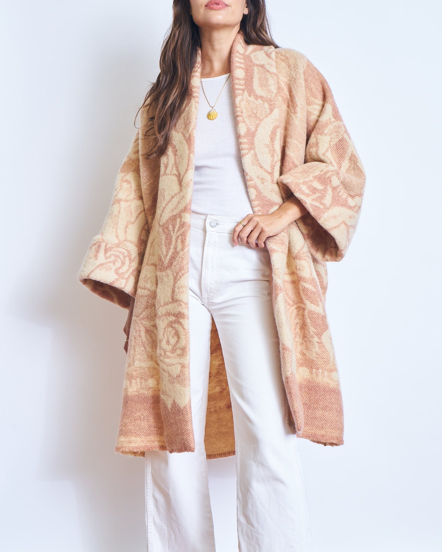 Moana Vintage Repurposed Peach Floral Kimono Blanket Coat
