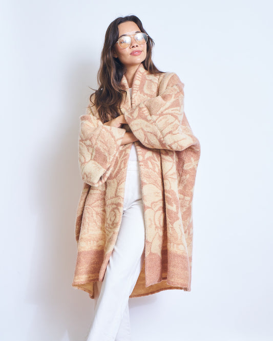 Moana Vintage Repurposed Peach Floral Kimono Blanket Coat