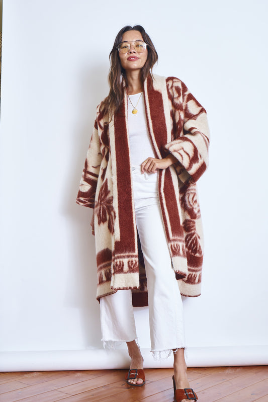 Moana Vintage Repurposed Rust Floral Kimono Blanket Coat