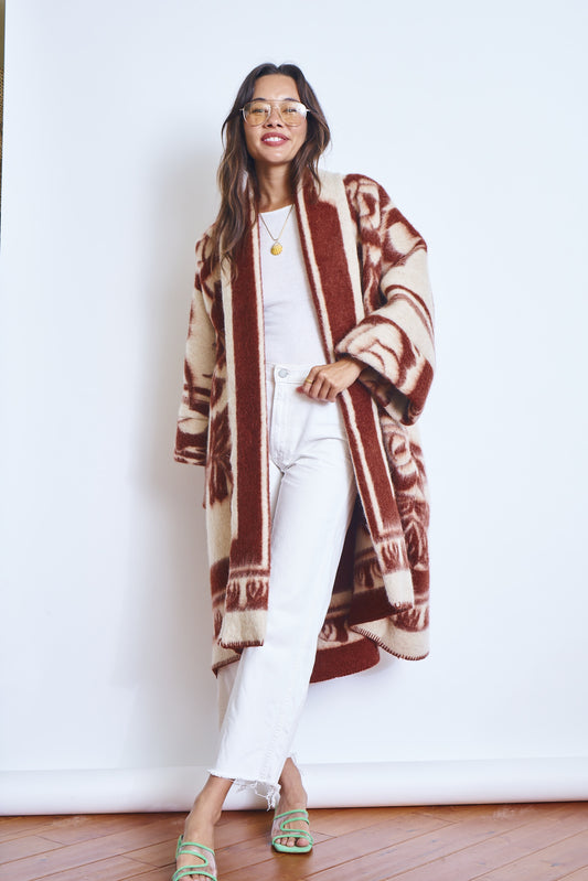 Moana Vintage Repurposed Rust Floral Kimono Blanket Coat
