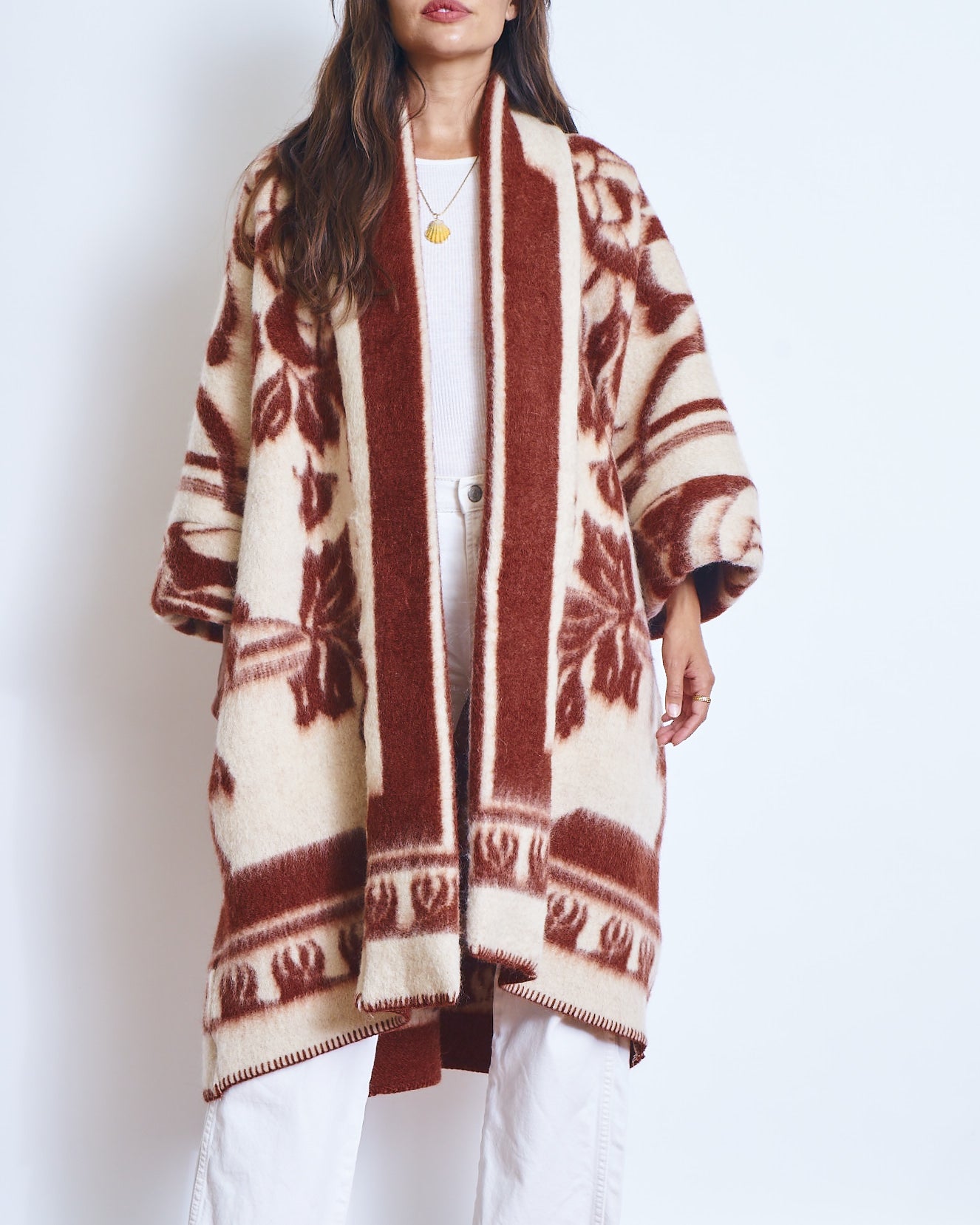 Moana Vintage Repurposed Rust Floral Kimono Blanket Coat