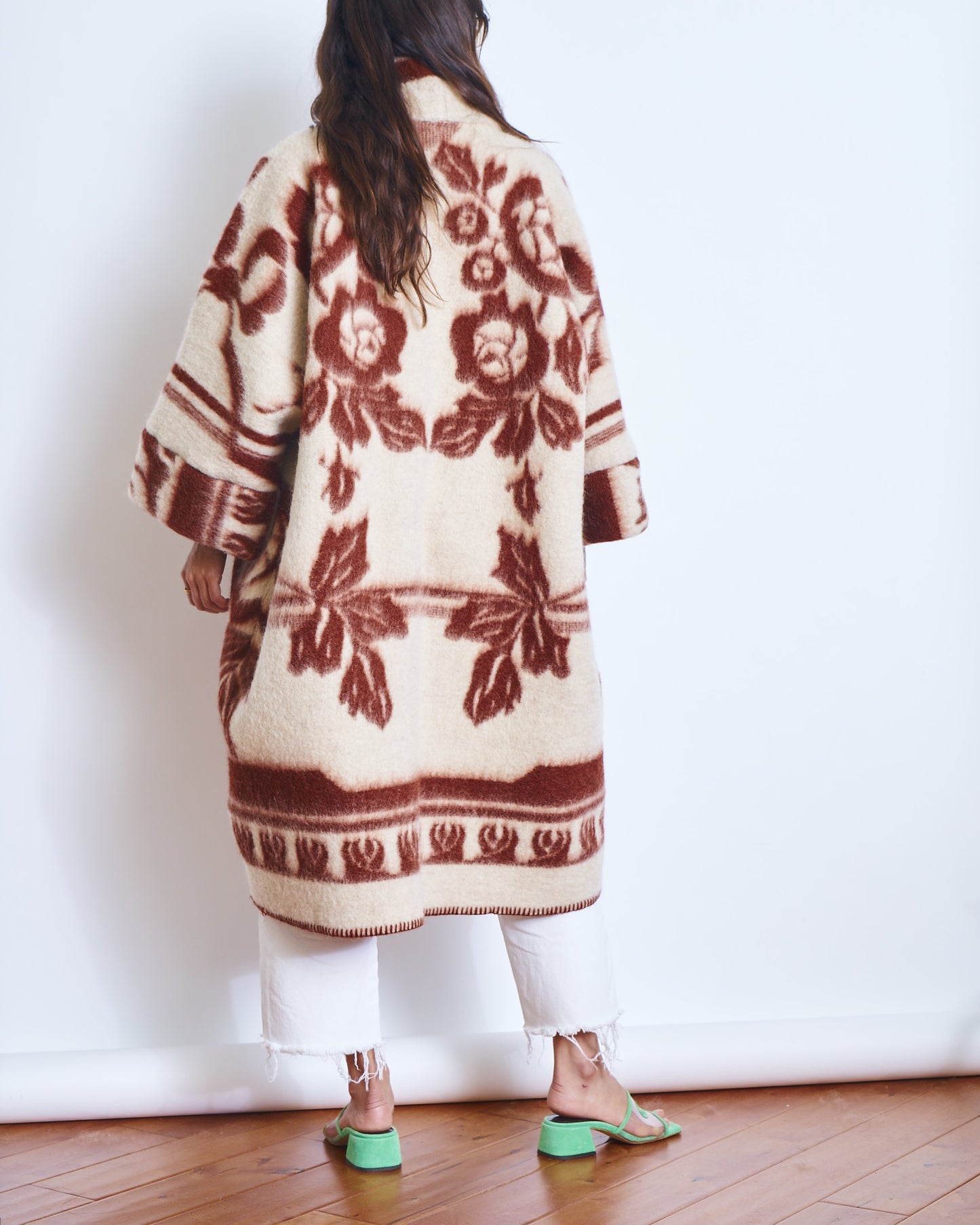 Moana Vintage Repurposed Rust Floral Kimono Blanket Coat