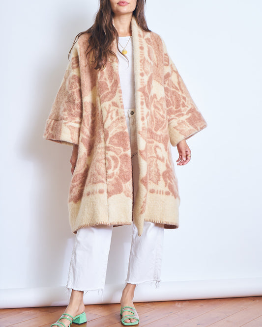 Moana Vintage Repurposed Mauve Floral Kimono Blanket Coat