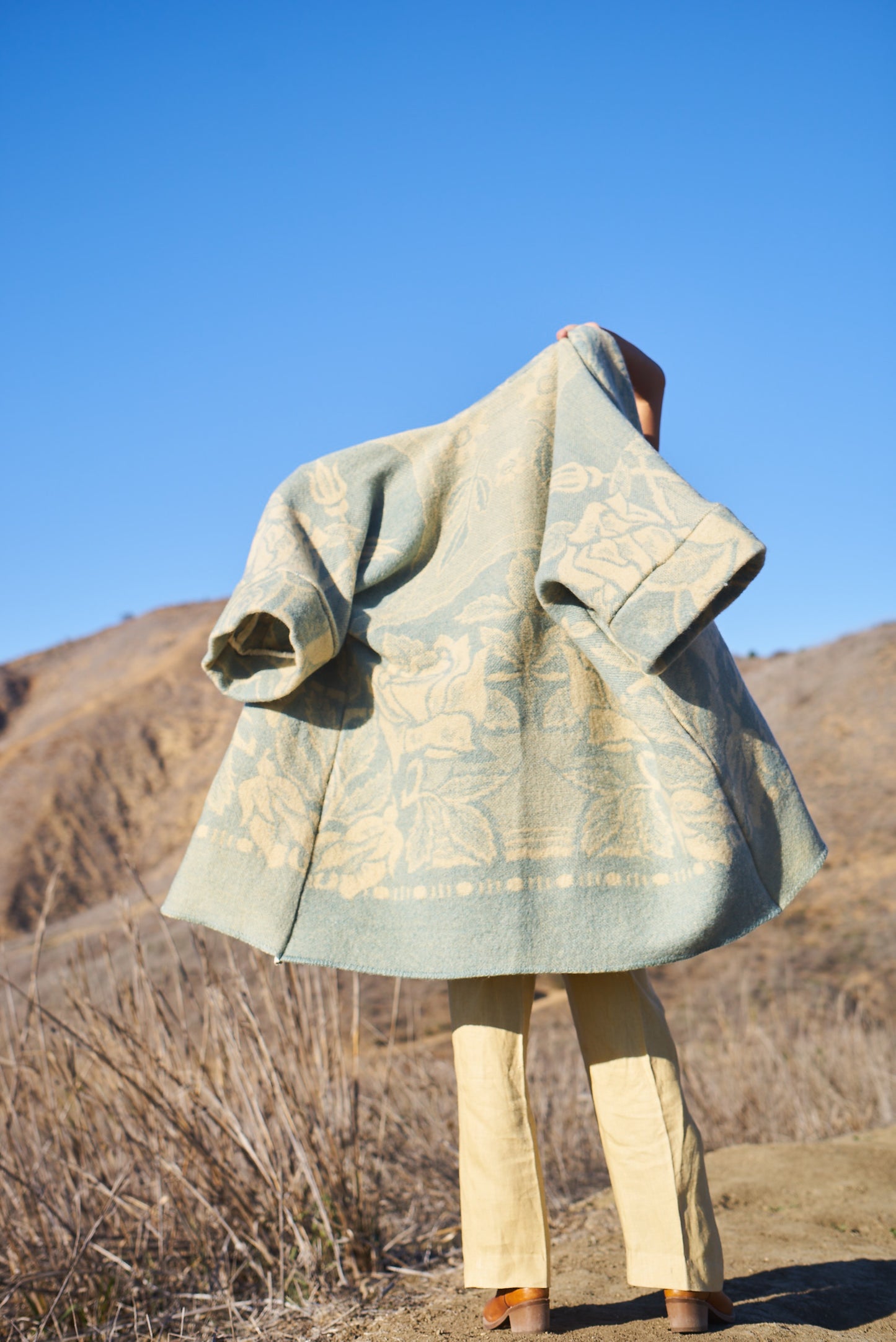 Moana Vintage Repurposed Blue Floral Kimono Blanket Coat