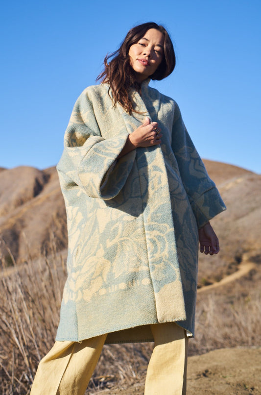 Moana Vintage Repurposed Blue Floral Kimono Blanket Coat