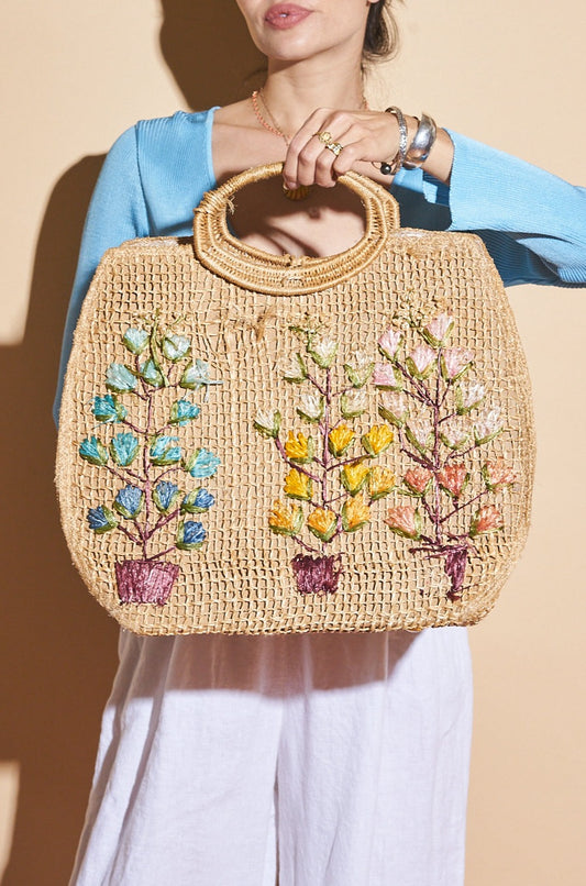 Vintage Embroidered Flower Straw Bag