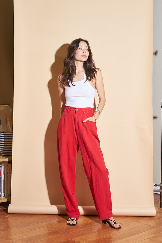 Vintage Red Linen Trousers, Sz 26"