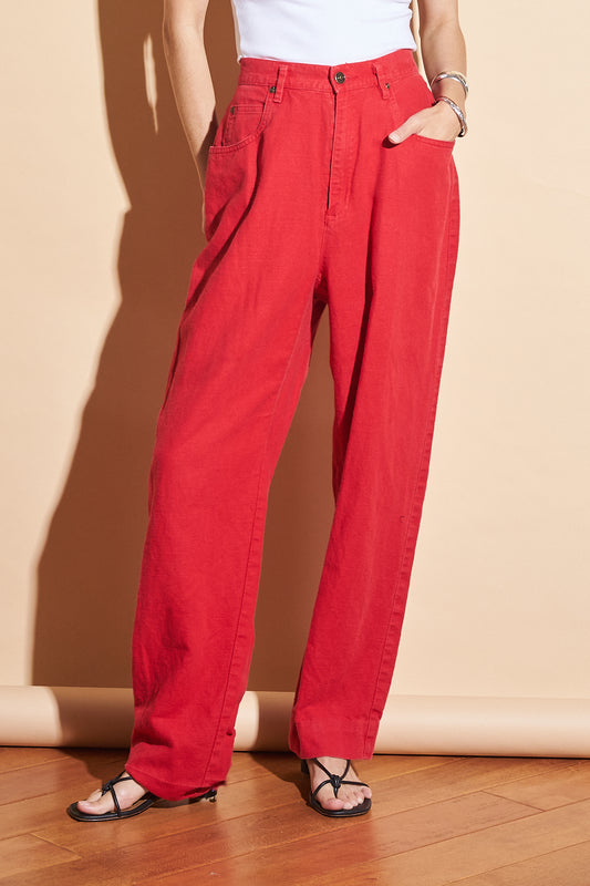 Vintage Red Linen Trousers, Sz 26"