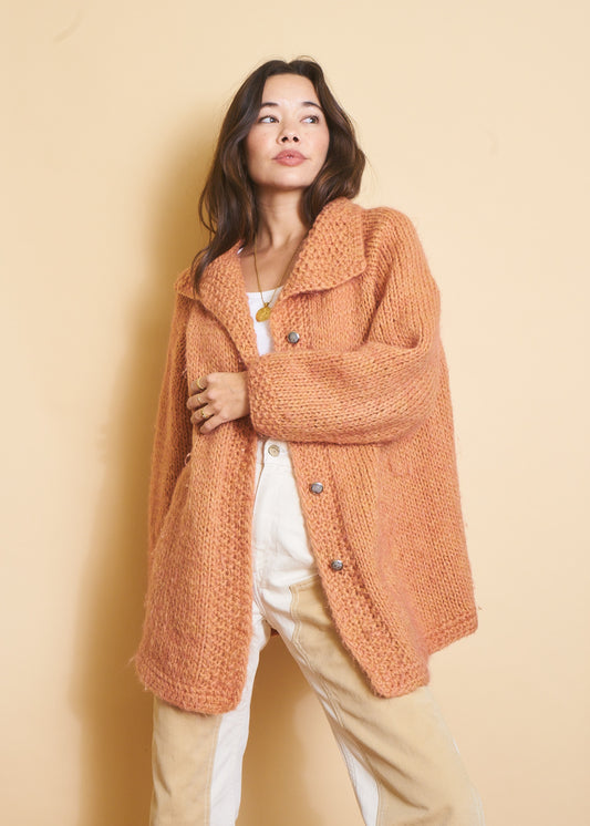 Hand Knit Peach Cardigan, Sz XS-Medium