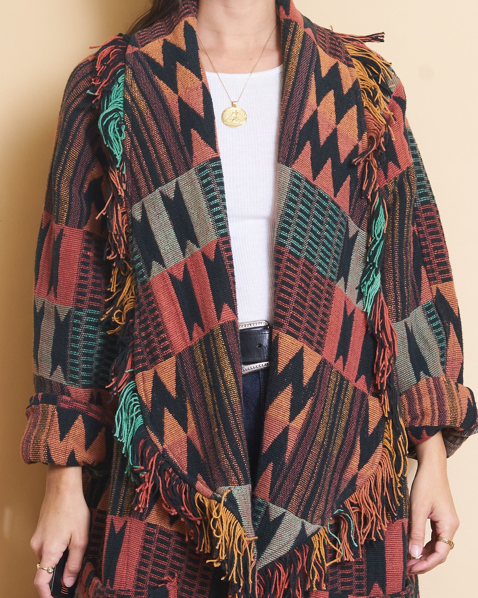Vintage Fringe Blanket Coat Tapestry Jacket Southwestern Aztec