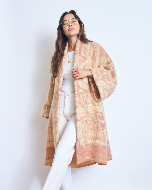 Moana Vintage Repurposed Peach Floral Kimono Blanket Coat