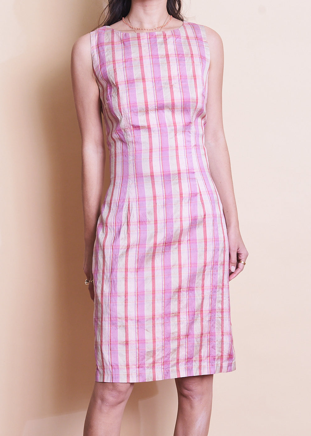 Raw Silk Pink Plaid Dress, Sz Small